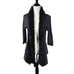 Lauren Michelle Large Black Metallic Silver Open Font Cardigan with Fuzzy Trim